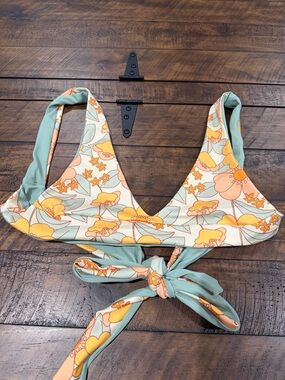 Floral Tie-Back Bikini Top in Mint & Yellow